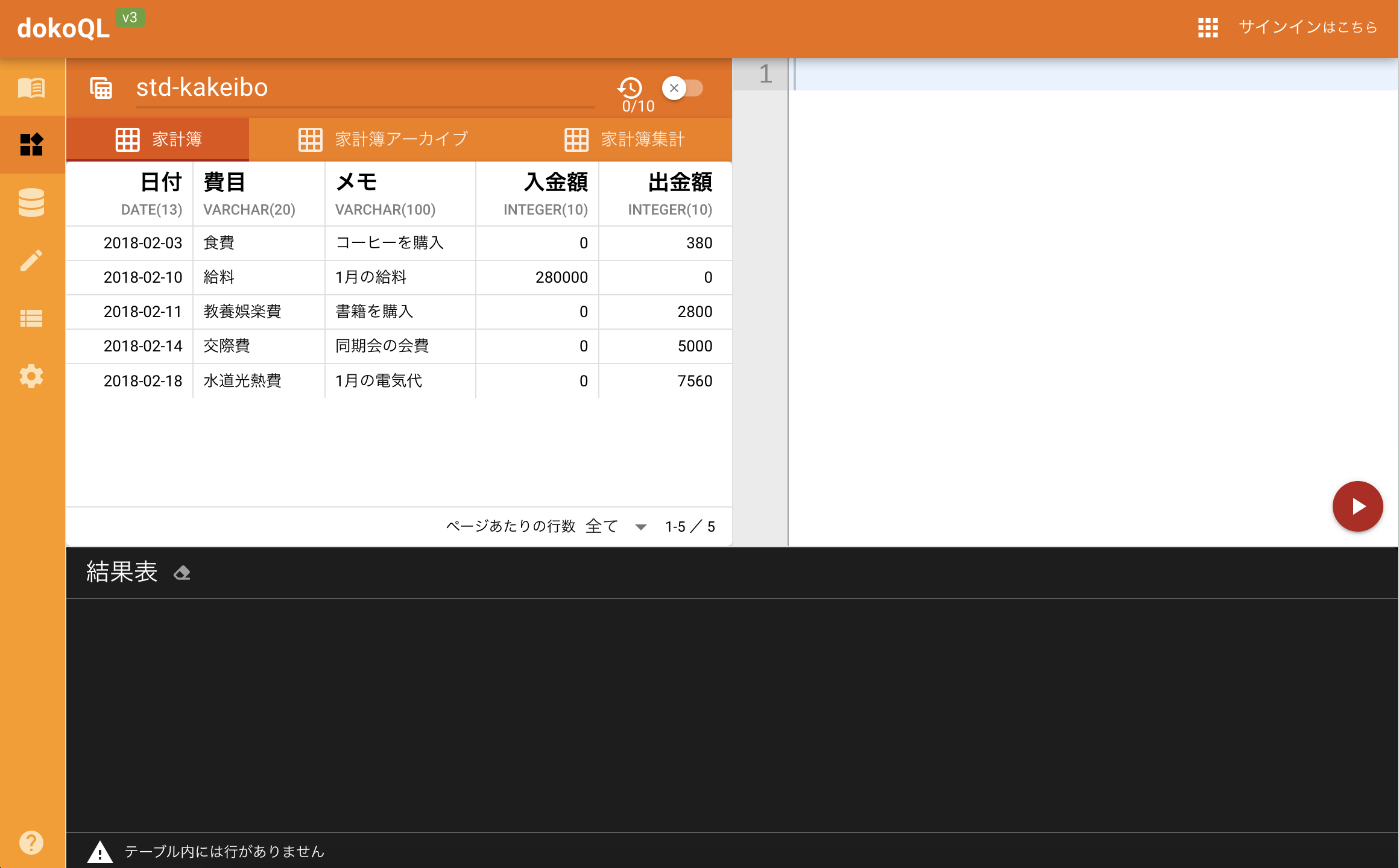 サインアウト状態の表示